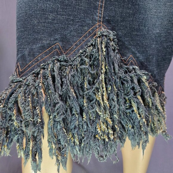 Vintage Parasuco Fringed Denim Midi Skirt Size S Dark Wash Grunge Festival - Picture 2 of 10